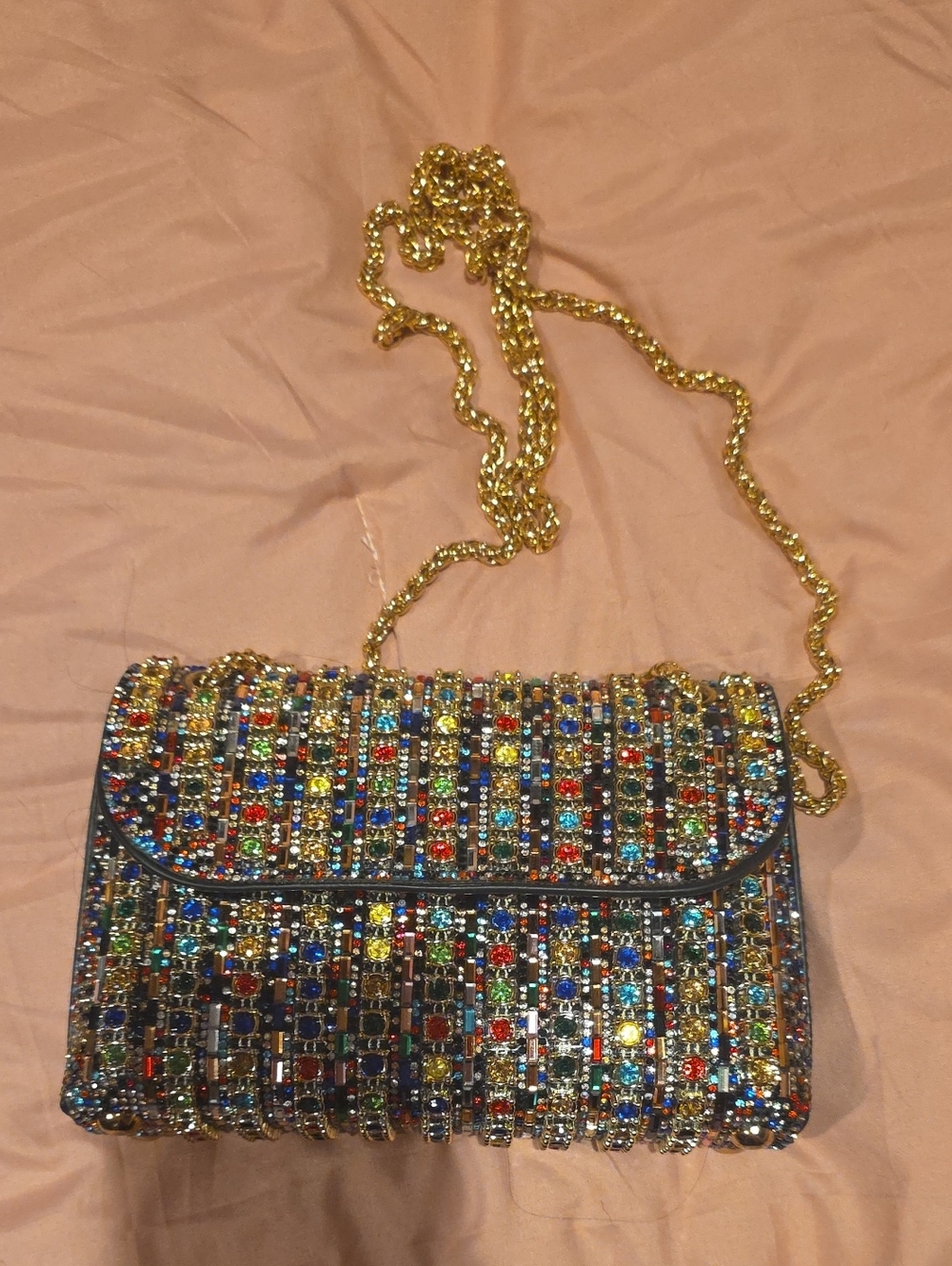 Embellished Multicolor Crystal Crossbody Bag with Gold Chain